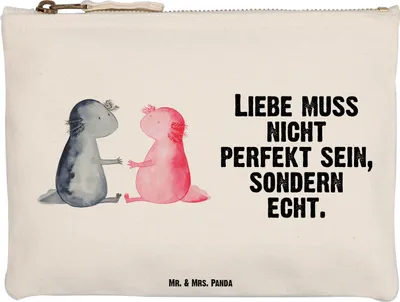 Produktbild von Mr. & Mrs. Panda kosmetiktäschchen Axolotl Liebe Größe M - Weiß - Geschenk, Valentinstag, Kosmetiktasche, Mäppchen, Federtasche, Pouch, Etui, Kulturtasche, Lurch