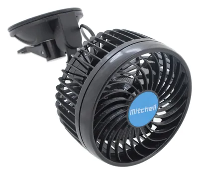 A black portable fan with a blue logo on a white background.