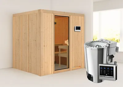 Produktbild von Karibu Sauna Innensauna Daria Fronteinstieg Ofen 3,6 kW -Ofen externe Strg. easy 196x170x198 cm ohne Dachkranz mit Bronzierter Tür