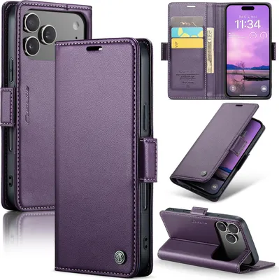 Produktbild von Lederhülle für iPhone 17 Pro Brieftasche Kartenfach Schutzhülle mit Standfunktion Lila
