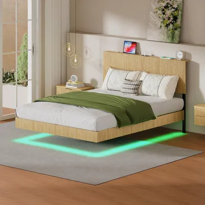 Produktbild von Modernes Schwebebett 140x200cm Hell Eiche Holz mit LED Steckdose Kopfteil