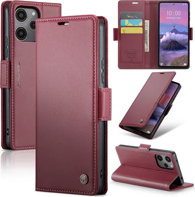 Immagine prodotto di Custodia per Xiaomi Redmi 12 5G/4G /Poco M6 Pro 5G, carta di blocco RFID, custodia avanzata in pelle flip con funzione stand Rosso