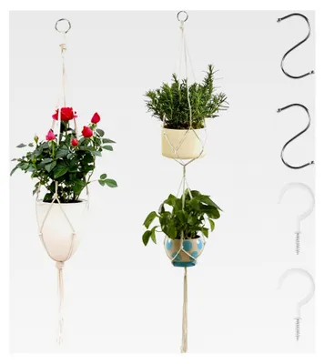 Produktbild von 2 Stück Makramee Blumenampel Hängend für Innen, Baumwollseil Hängepflanzenampel, mit 2 S-Haken und 2 Deckenhaken
