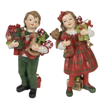 Image de Clayre & Eef Figurine décorative enfants set de 2 / 13 cm Rouge Vert Polyrésine