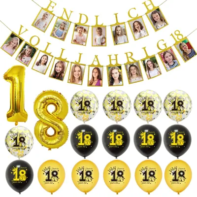 18. Geburtstag Dekoration Set mit Fotobanner, Ballons, Ziffern 1 & 8