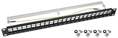STP Keystone-Patchpanel für 19 Zoll Serverschränke von HMF mit 24 Ports RJ45 in Schwarz