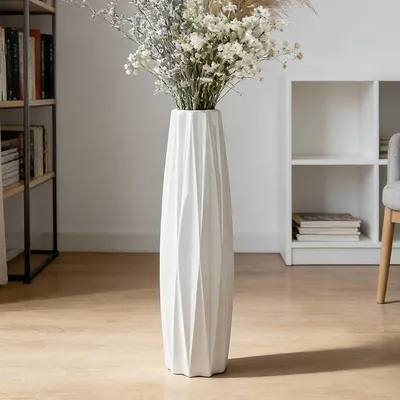 Imagen del producto de Jarra de cerámica blanca decorativa de 60 cm de altura, ideal para colocar en el suelo. Jarra grande para salón, dormitorio y oficina, con un diseño minimalista para flores