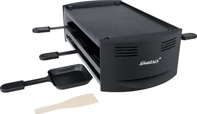 Produktbild von Pizza-Raclette mit 2 getrennt schaltbaren Heizspiralen,Wendbare, antihaftbeschichtete Grillplatte aus Alu-Druckguss, 6 antihaftbeschichtete Pfännchen