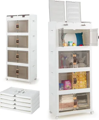 Zdjęcie produktu dla KOMFOTTEU Pojemnik do przechowywania, składany, z pokrywami i kółkami, plastikowy organizer, przezroczysty, 54,5 x 34,5 x 132 cm (4 poziomy)