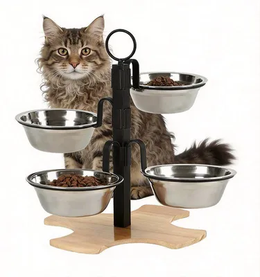 Produktbild von Hundenäpfe, Erhöhte Futternäpfe, 3-fach höhenverstellbar, für Wohnungskatzen und kleine Hunde, mit 4 Edelstahlnäpfen, Futter- und Wassernapf
