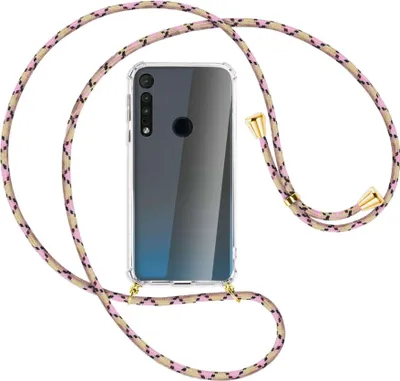 Produktbild von Handykette Backcover-Schutzhülle mit Band (Metall goldfarben) für Motorola One Macro - rosa Karo