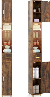 Image de Armoire de salle de bain COSTWAY avec éclairage, armoire haute avec tiroir et 3 étagères en verre, armoire étroite en bois, crochets latéraux inclus