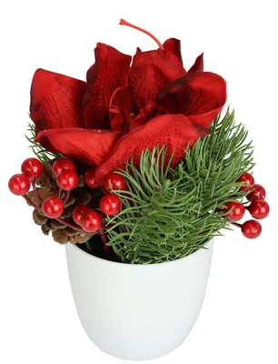 Produktbild von Kunstblumen Gesteck Amaryllis 20 cm im Topf – Weihnachtsdeko mit Tannenzweigen,