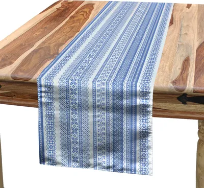 Produktbild von ABAKUHAUS nordisch Tischläufer, Vertikales geometrisches Muster-Stickerei-Muster-skandinavische Chevron zeichnet Blumen, 40 x 225 cm, Hellblau und Blau