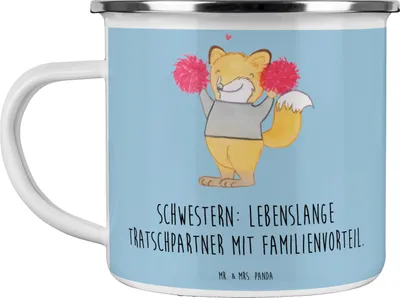 Produktbild von Mr. & Mrs. Panda Emaille Tasse Schwestern Tratschpartner - Blau Pastell - Geschenk, Geschwisterliebe, Jubiläen, einzigartige Designs, Motivtasse, Pott, Haferl, Teetasse