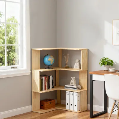 Immagine prodotto di Scaffale angolare in legno - Libreria indipendente a forma di L - 3 ripiani - Con mobile contenitore - Stile minimalista moderno - Da montare - Soggiorno/Ufficio