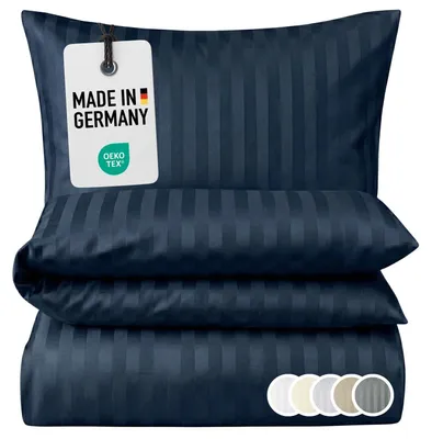 Produktbild von Damast Bettwäsche 135x200 Blau gestreift Bettbezug 135 x 200 Streifen 100% Baumwolle