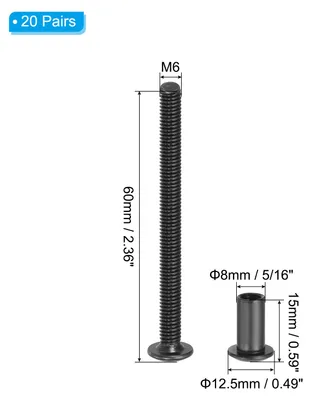 Produktbild von 20 Stš¹ck M6x60mm Sechskant Verbindungsschraube mit Hš¹lsenschrauben Hš¹lsenmutter, Kohlenstoffstahl Verbindungsschrauben Set fš¹r Holzbretter Schrank M?bel, Schwarz M?belschrauben