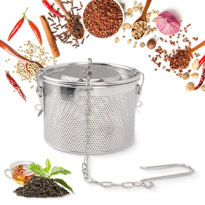 Immagine prodotto di Omgoods - Setaccio per erbe da 14 cm - Acciaio inossidabile - Filtro per tè sfuso - Spezie - Filtro per caffè - Catena appendente - Rete a maglie fini