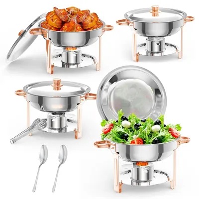 Immagine prodotto di Contenitori riscaldanti per alimenti - Contenitori riscaldanti per buffet da 5 litri - Set da 4 pezzi - Con coperchio, cucchiaio e pinza - Ideali per catering, buffet e feste
