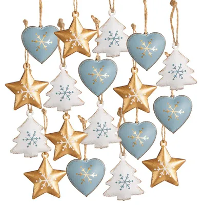Produktbild von 18 kleine Metall Weihnachtsanhänger blau Gold weiß 4 cm