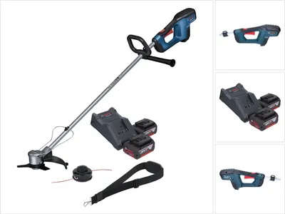 A cordless string trimmer and its accessories are displayed against a white background.
