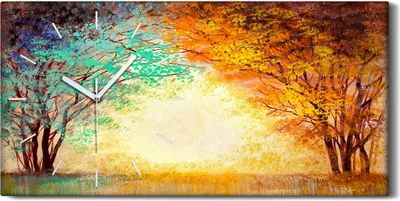 Produktbild von Wohnzimmer-Bild Leinwand Uhr Geräuschlos 60x30 Malerei Wald Bäume Blätter Kunst - weiße Hände