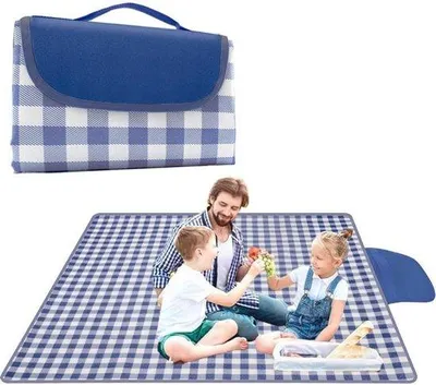 Zdjęcie produktu dla Koc piknikowy Famanu, wodoodporny i składany, w kolorze granatowym w białe pasy
