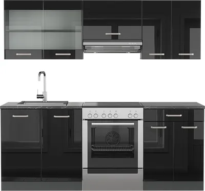 Produktbild von Vicco Küchenzeile R-Line, 200 cm ohne Arbeitsplatte, Schwarz Hochglanz/Anthrazit