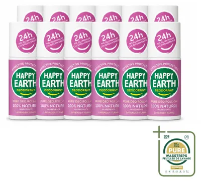 Productafbeelding van 12 x Happy Earth Deodorant Roller Lavender Ylang - 75 ml - Voorraadverpakking - 12 stuks