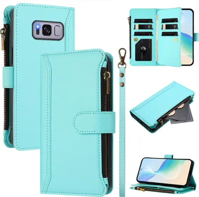 Image de Étui pour Samsung Galaxy S8, zippé, portefeuille étui à rabat en cuirPolyuréthaneavec poches pour cartes, support et boucle de main vert menthe