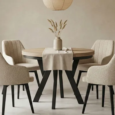 Image de Table ronde à rallonges pour la salle à manger, PERO avec un piètement à anneaux, style loft, scandinave, diamètre : 100/200 cm, couleur : chêne Sonoma/noir