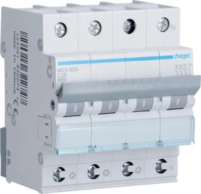 Image de Interrupteur LS Hager, 3P+N, 6 kA, C-25 A, QC, 4 M, 1 pièce.
