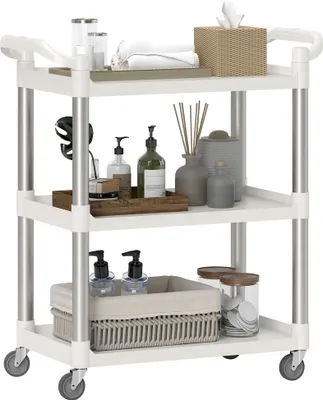 Produktbild von HOMCOM Hilfswagen mit Aluminiumlegierungsrädern, 3-stufiger Küchenwagen, Aufbewahrungswagen, Belastung 105 kg, für Esszimmer, Wohnzimmer, Badezimmer, 88 x 44 x 93 cm, Weiß