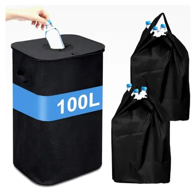 Produktbild von Pfandflaschen-Sammelbehälter 100L mit Deckel und 2 Tragetaschen, Behälter für Leergut und Altglas, Robuster Flaschensammler für Küche, Schwarz