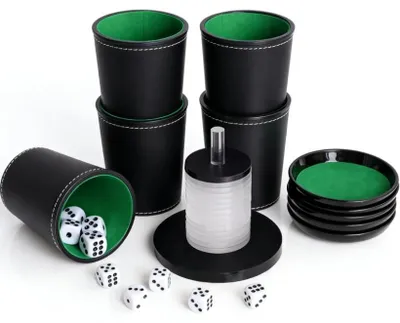 Produktbild von Komplettes Schocken-Spielsatz mit 5 Leder-Würfelbechern und 25 Würfeln