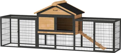Produktbild von Hasenstall 2 Ebenen mit Satteldach Kaninchenstall aus Vollholz Winterfest Doppelstockhaus mit Freilaufgehege 217x53x86 cm Kaninchenkäfig Outdoor Kleintierstall für Hasen Kaninchen Gelb Aosom