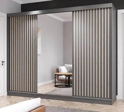 Produktbild von Krudox RAMIS Schiebetürenschrank mit Spiegel 250x216x62 cm, Grau, 4 Kleiderstangen, 3 Schubladen
