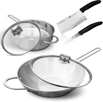 Produktbild von Zwilling Twin Nova Pfannenset Induktion mit Deckel 6 Tlg, Wokpfanne 30cm + Schmorpfanne 24cm hoher Rand + Hackmesser 18cm+ Gemüsemesser + 2 Glasdeckel