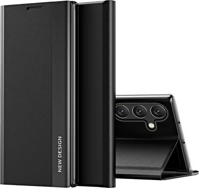 A black flip case for a Samsung Galaxy phone is shown, with the phone partially inserted and its camera array visible.