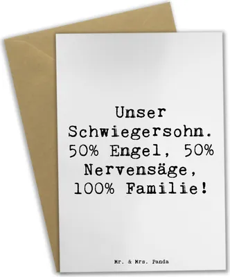 Produktbild von Mr. & Mrs. Panda Glückwunschkarte Spruch Schwiegersohn Engel Nervensäge - Weiß - Geschenk, weihnachtskarten, Weihnachten, genesungskarte, Grußkarte, Familie, dankeskarten
