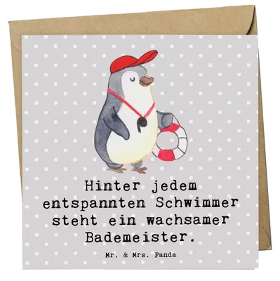 Produktbild von Mr. & Mrs. Panda Grußkarte Bademeister schützend - Grau Pastell - Geschenk, Glückwunschkarte, Geschenke mit Herz, doppelkarte, Berufsalltag, faltkarte, anlasskarte, Beruf