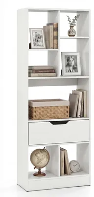 Produktbild von COSTWAY Bücherregal mit 7 Fächern & Schublade, Bücherschrank Holz Raumteiler, offenes Standregal mit Kippschutz, Ausstellungsregal 50x24x130 cm, Weiß