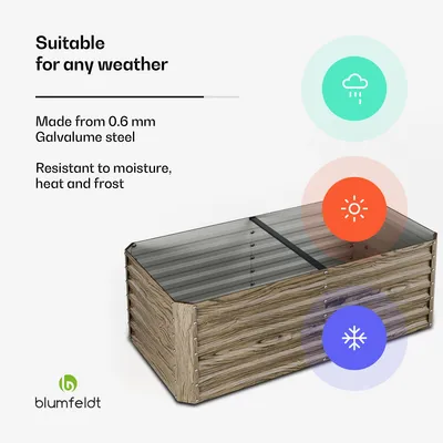 Obrázok produktu pre Blumfeldt High Grow Straight vyvýšený záhon, ergonomický 972 l záhradný záhon v drevenom vzhľade z galvanizovanej ocele na kvety, bylinky a zeleninu - kovová konštrukcia odolná voči hrdzi s otvorenou základňou a jednoduchou montážou