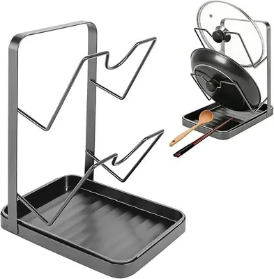 Produktbild von PolkaHome® Deckelhalter für Töpfe und Pfannen, Organizer mit Abtropfschale, 2 Ebenen, Schwarz, für Deckel 16-28 cm