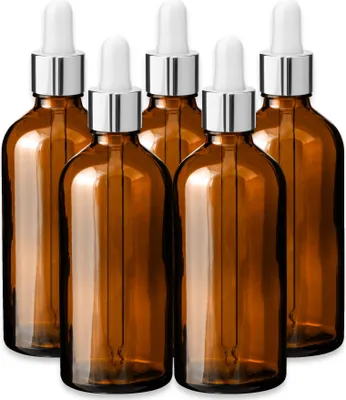 Produktbild von 5x Glasflasche braun 100 ml mit weißer Glaspipette leere Tropfflasche