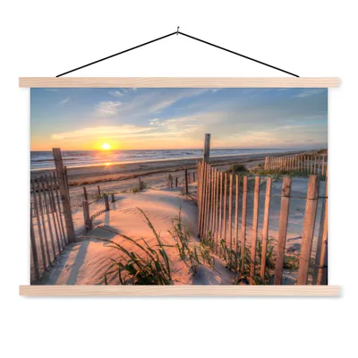 Produktbild von MuchoWow® Textilposter Strand - Meer - Düne - Sonnenuntergang - Landschaft 120x80 cm mit holzfarbenen Rahmen - Aufhängeset