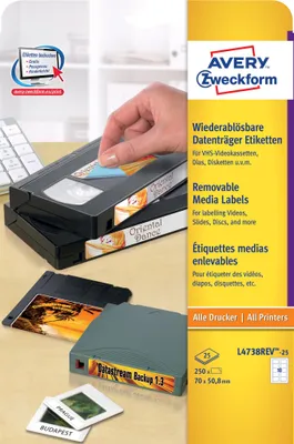 Immagine prodotto di Avery Zweckform® L4738REV-25 Etichette per dischetti rimovibili 70 x 50,8 mm 25 fogli/250 etichette bianco(S)