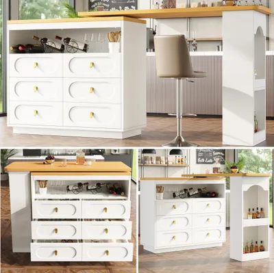 Image de Table de bar extensible 138-203 cm – pivotante à 360°, sur roulettes, avec espace de rangement et tiroirs, îlot de cuisine pour la cuisine, la salle à manger et le bureau à domicile, blanc