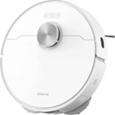 A white robot vacuum cleaner is shown from a top-down perspective against a white background.